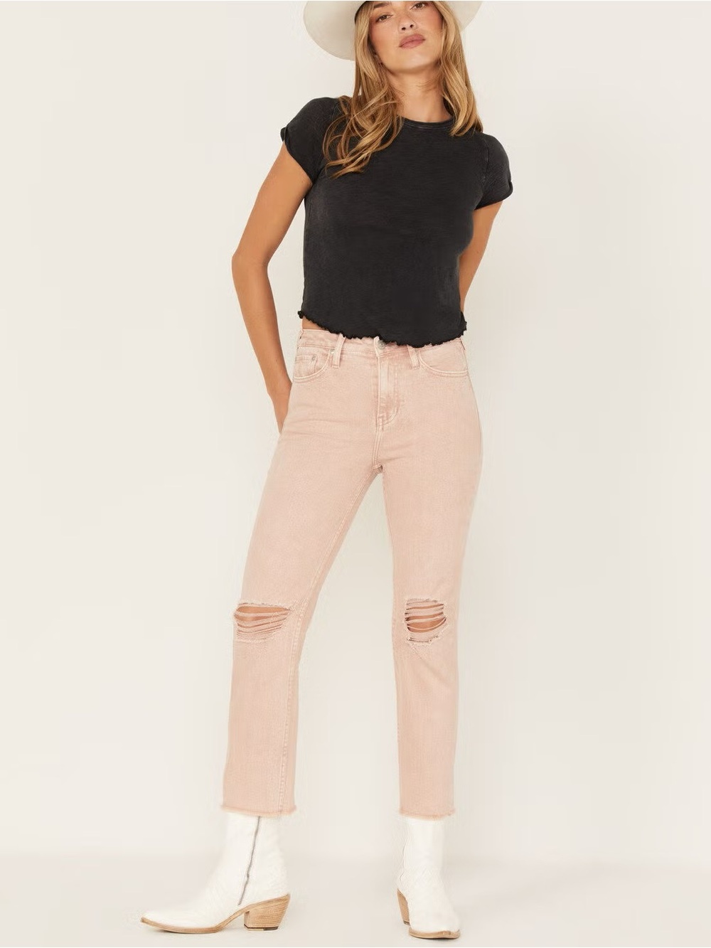 High-Rise Distressed Women’s Jeans — Dusty Rose Pink